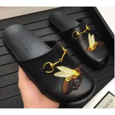 Gucci Horsebit Detail Embroidered Bee Leather Men's Slipper Black 2017