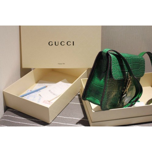 Gucci 362971 Jackie Soft Crocodile Pattern Flap Shoulder Bag Green 2015