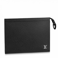 Louis Vuitton Men's Pochette Voyage Grained Leather Pouch with Silver LV Emblem M30450 Black