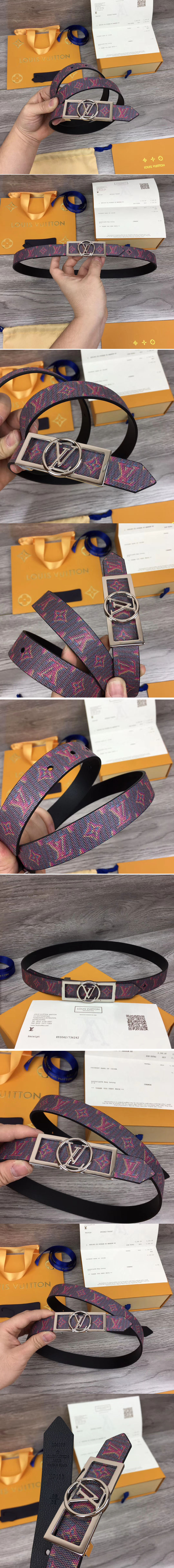 Replica Louis Vuitton MP139W LV Dauphine 25mm Reversible belts Pink/Black Monogram LV POP Print Silver Buckle