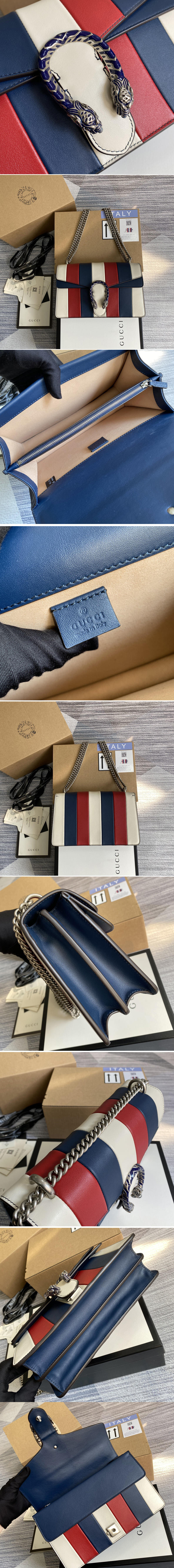 Replica Gucci 400249 Dionysus leather shoulder bag in White/Blue/White Leather