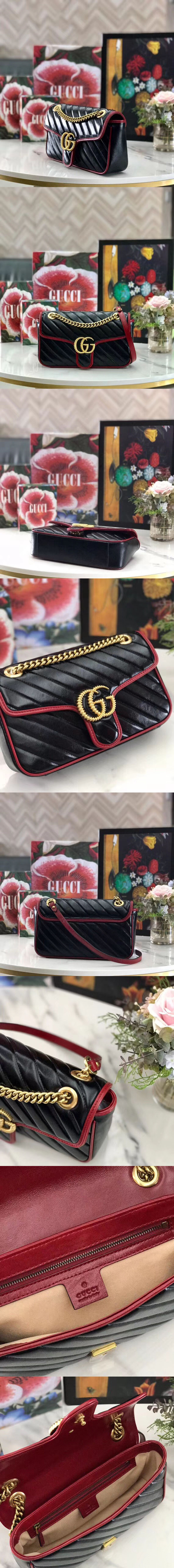 Replica Gucci 443497 GG Marmont small shoulder bags Black leather /></p><p>Gucci 443497 GG Marmont small shoulder bags Black leather</p><p>Black diagonal matelassé leather with a vintage effect</p><p>Cerise leather trim</p><p>Gold-toned hardware</p><p>Double G</p><p>Interior zipper pocket</p><p>Sliding chain strap can be worn as a shoulder strap with 22” drop, as a top handle with 12” drop or as a cross body bag</p><p>Flap with spring closure</p><p>Small size: 10″W x 6″H x 3″D</p><p>Microfiber lining with a suede-like finish</p><p>Made in Italy</p></div>
                                    <div class=