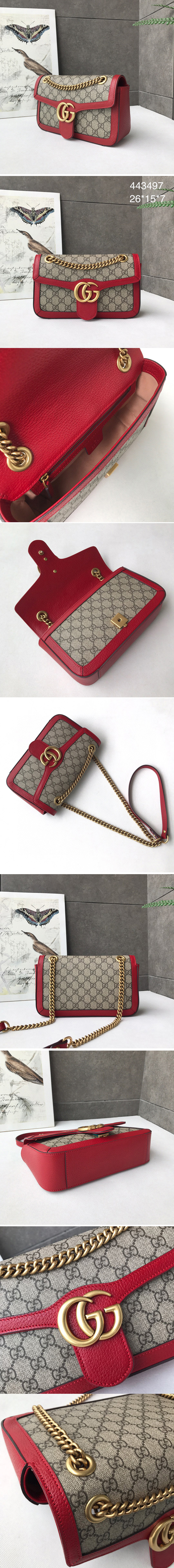 Replica Gucci 443497 GG Marmont small shoulder bag in Beige/ebony GG canvas with Red Leather