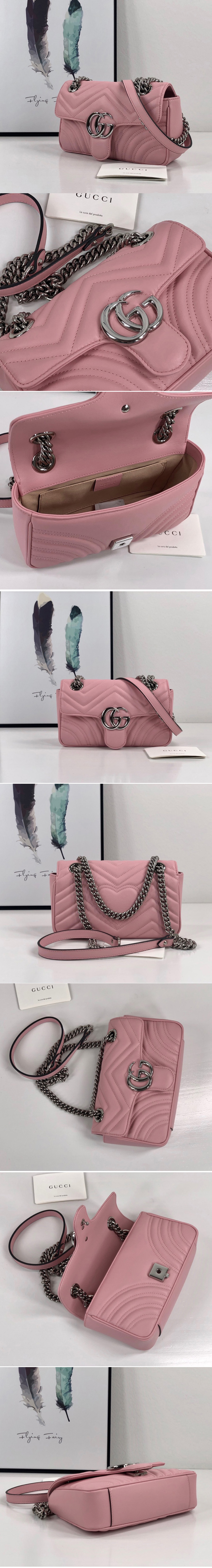 Replica Gucci 446744 GG Marmont mini bag in Pastel Pink matelasse chevron leather with heart