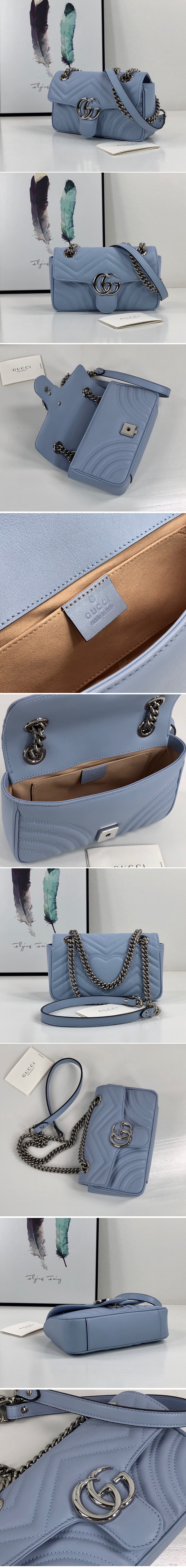 Replica Gucci 446744 GG Marmont mini bag in Pastel Blue matelasse chevron leather with heart