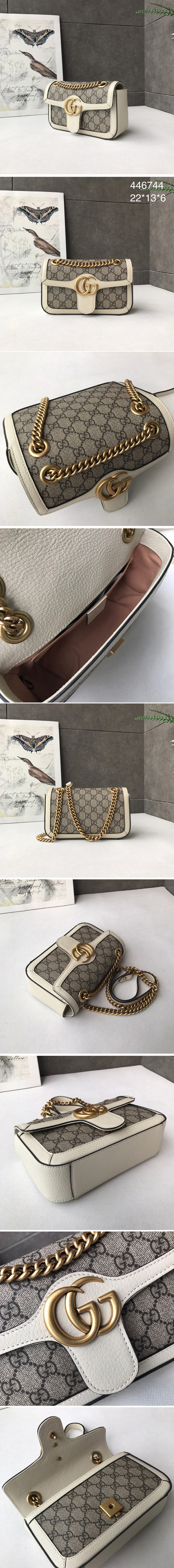 Replica Gucci 446744 GG Marmont mini bag in Beige/ebony GG canvas with White Leather