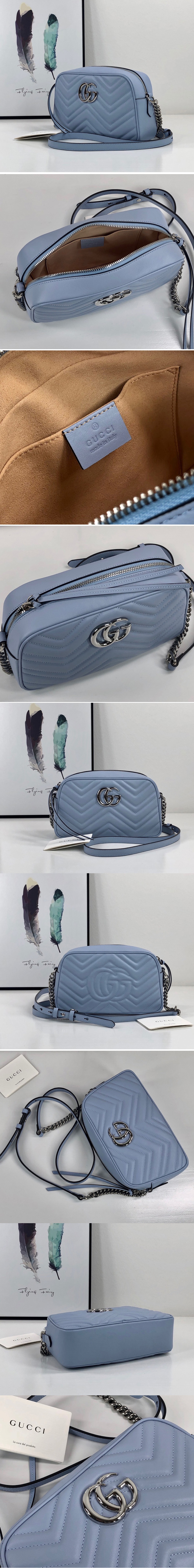 Replica Gucci 447632 GG Marmont small shoulder bag in Pastel Blue matelasse chevron leather with GG