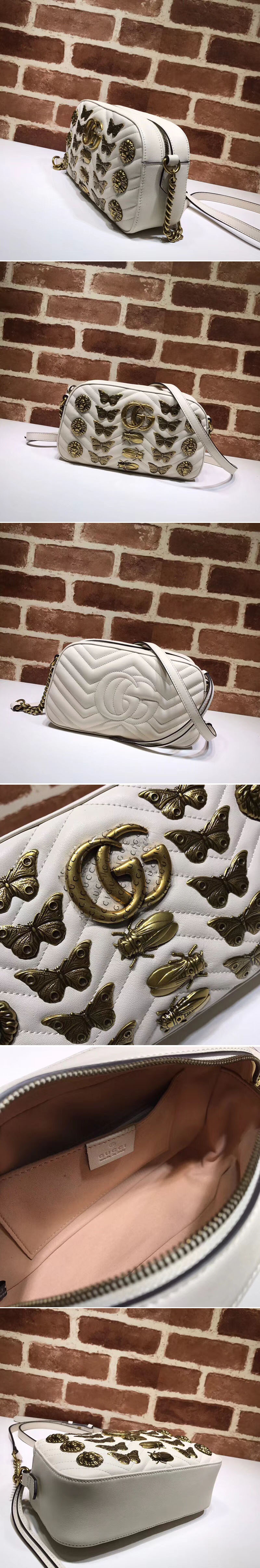 Replica Gucci 447632 GG Marmont Animal Studs Leather Shoulder Bag White