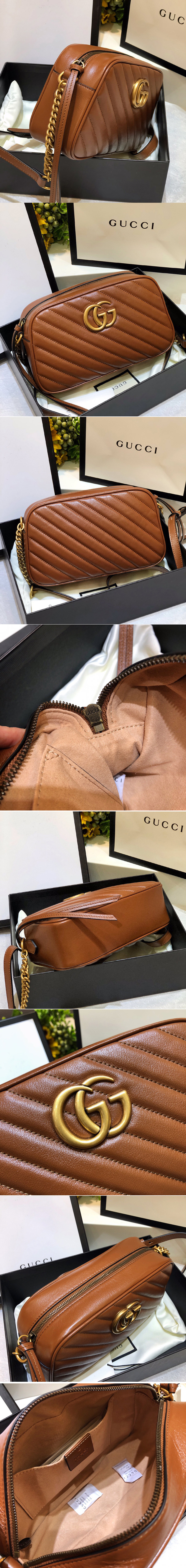 Replica Gucci 447632 GG Marmont small matelassé shoulder bag in Brown diagonal matelassé leather