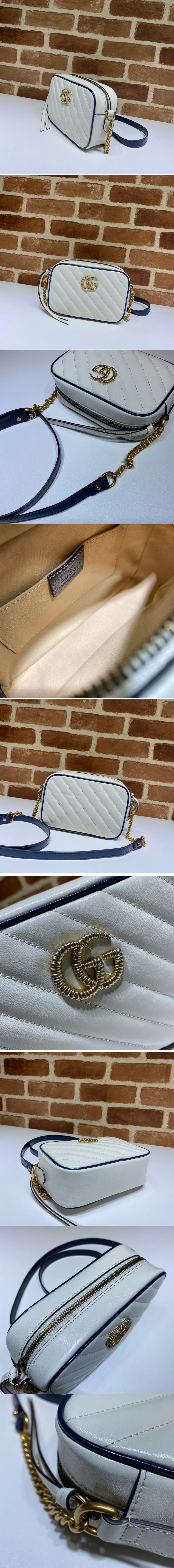 Replica Gucci 448065 GG Marmont matelasse mini bag in White Leather With Dark blue leather trim