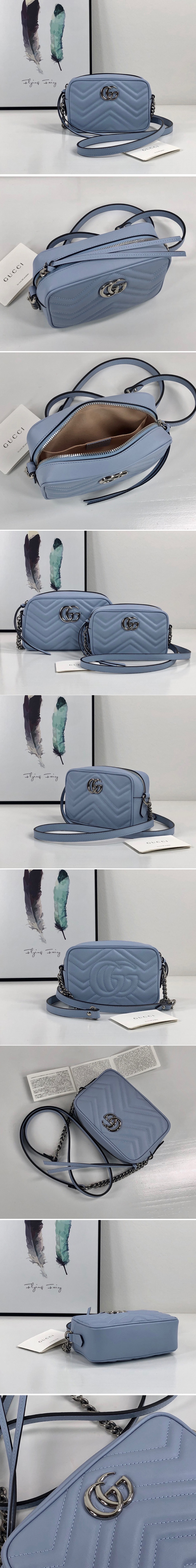 Replica Gucci 448065 GG Marmont matelasse mini bag in Pastel Blue matelasse chevron leather with GG