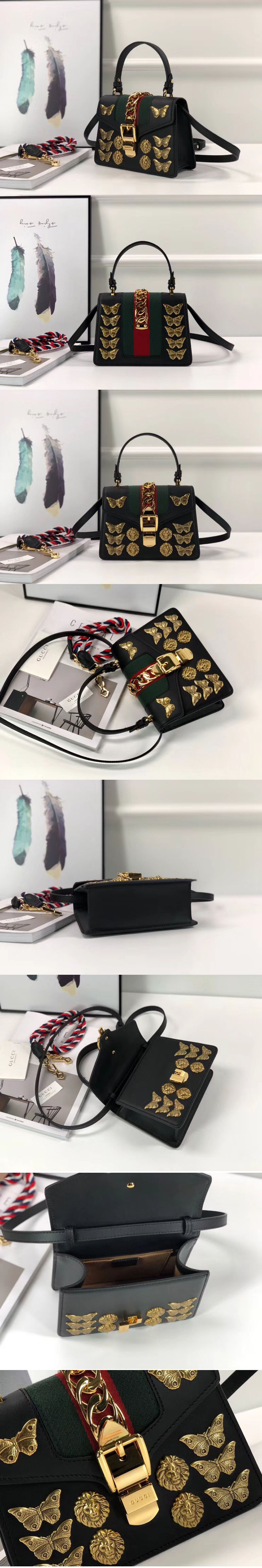 Replica Gucci 470270 Sylvie Animal Studs Leather Mini Bag Black