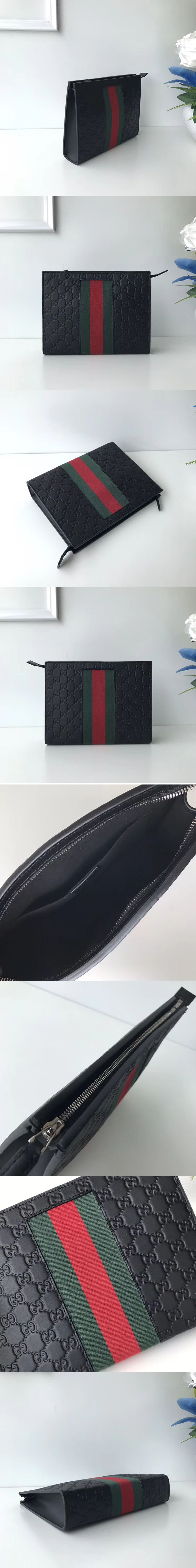 Replica Gucci 475316 Black Signature Leather Web cosmetic case