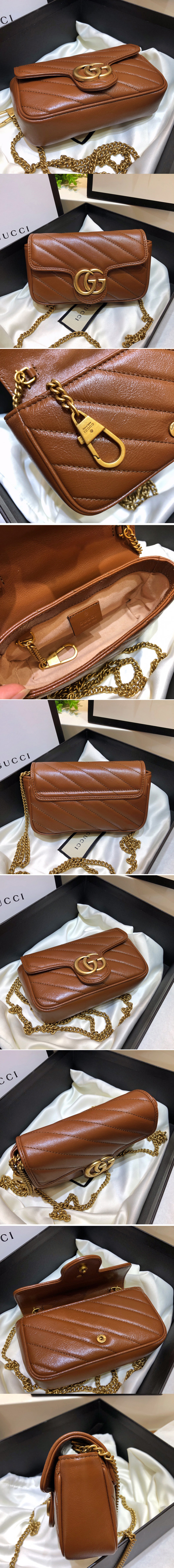 Replica Gucci 476433 GG Marmont matelassé super mini bag in Brown diagonal matelassé leather