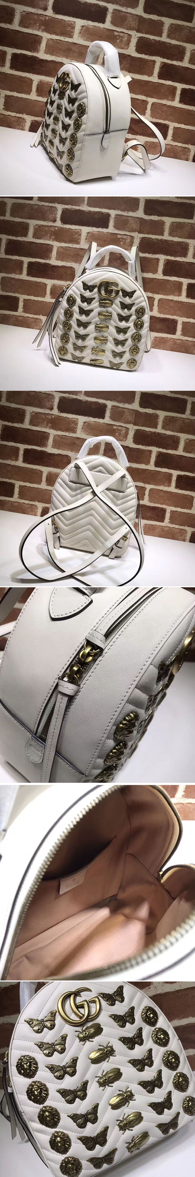 Replica Gucci 476671 GG Marmont Animal Studs Leather Backpack White