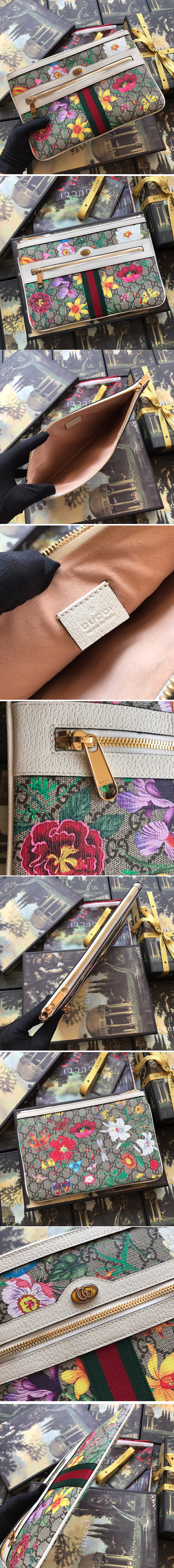 Replica Gucci 517551 Ophidia GG Flora pouch in Beige/ebony GG Supreme canvas With White Leather