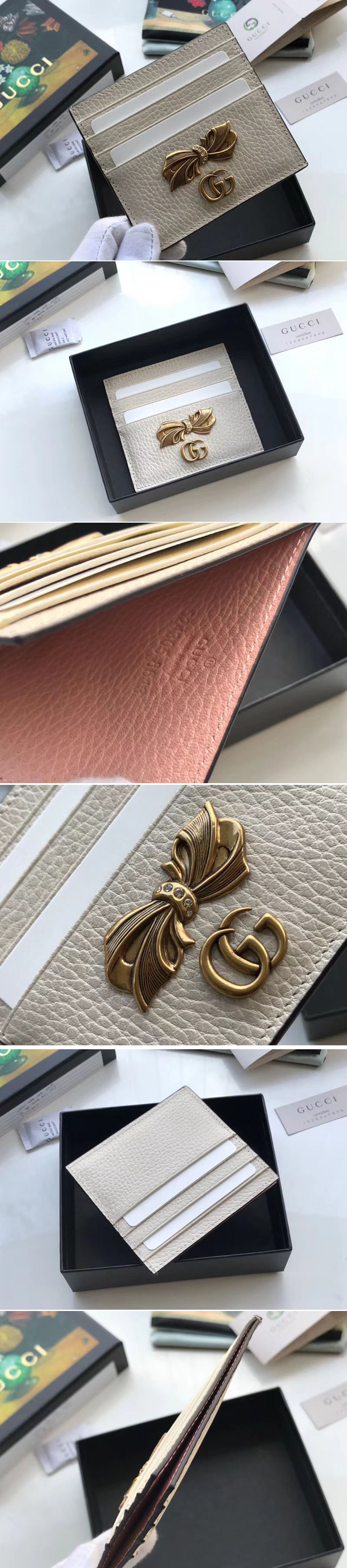 Replica Gucci 524305 Leather card case with bow White