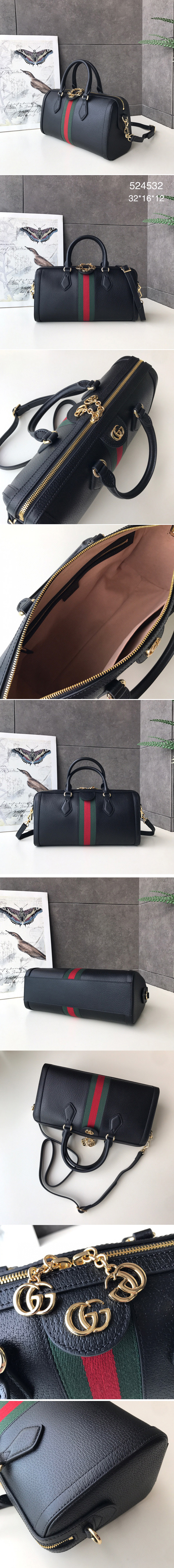 Replica Gucci 524532 Ophidia medium top handle bag in Black Leather With Web