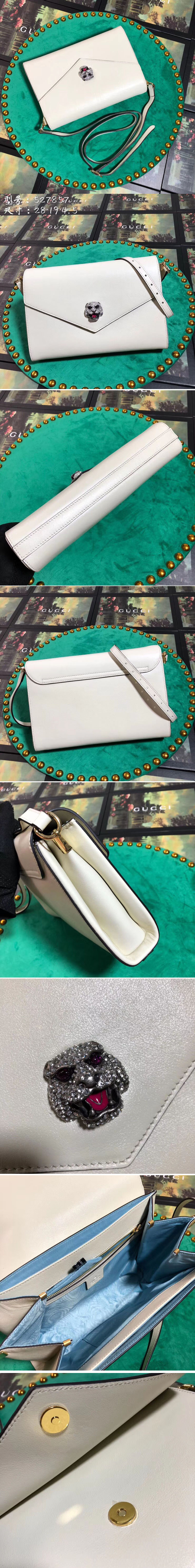 Replica Gucci 527857 Feline Head With Crystals Medium Shoulder Bag White Leather