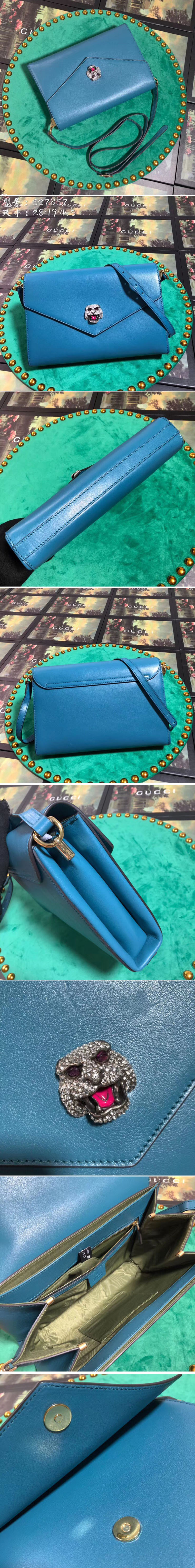 Replica Gucci 527857 Feline Head With Crystals Medium Shoulder Bag Blue Leather