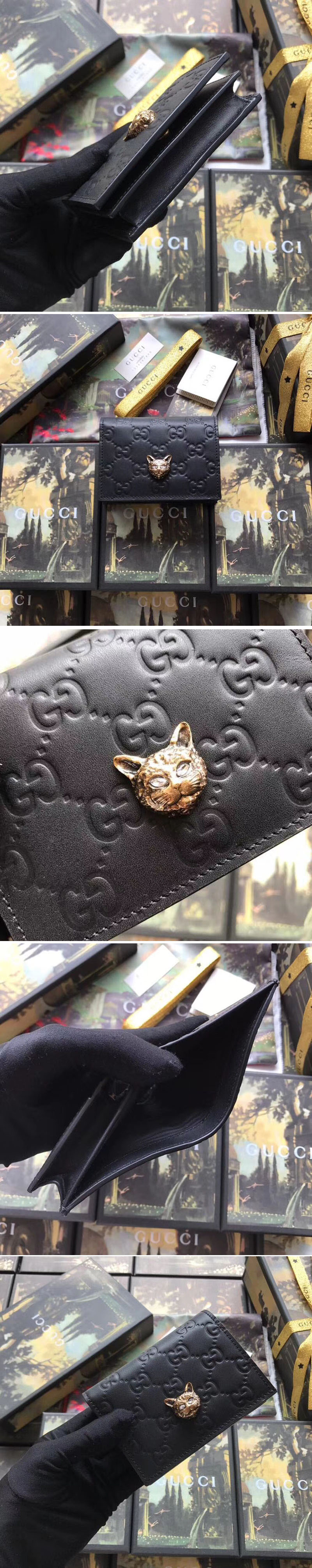 Replica Gucci 548057 Signature card case with cat Black Leather