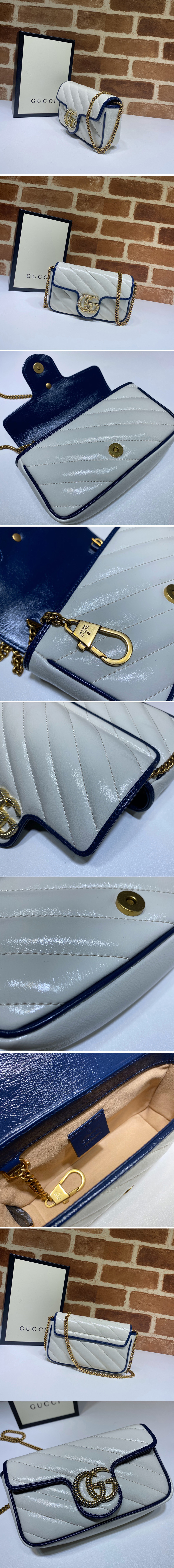 Replica Gucci 574969 GG Marmont super mini bag in White Leather With Dark blue leather trim