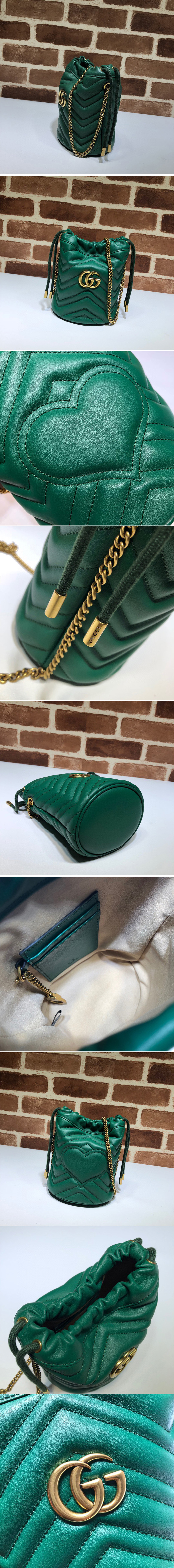 Replica Gucci 575163 GG Marmont mini bucket bag in Green chevron leather