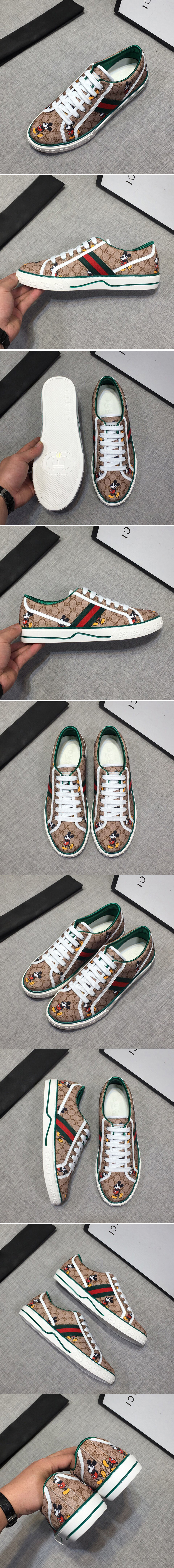 Replica Mens and Womens Gucci 606111 Disney x Gucci Tennis 1977 sneaker with Web in Beige GG Supreme