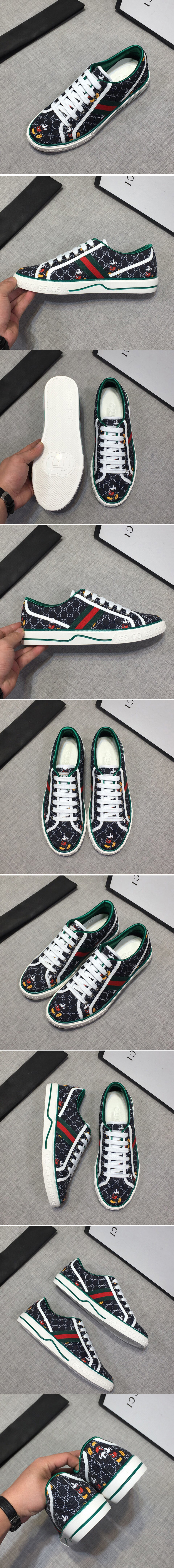 Replica Mens and Womens Gucci 606111 Disney x Gucci Tennis 1977 sneaker with Web in Blue GG Supreme