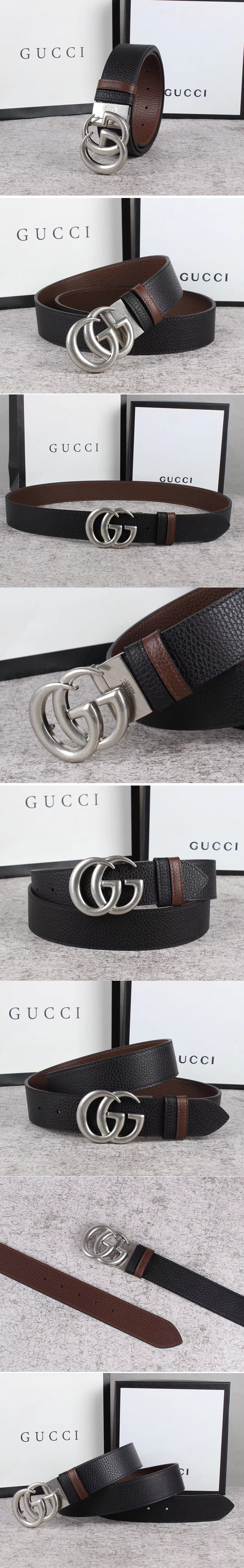 Replica Men's Gucci 40mm Reversible leather belt with Silver Double G buckle in Black Leather