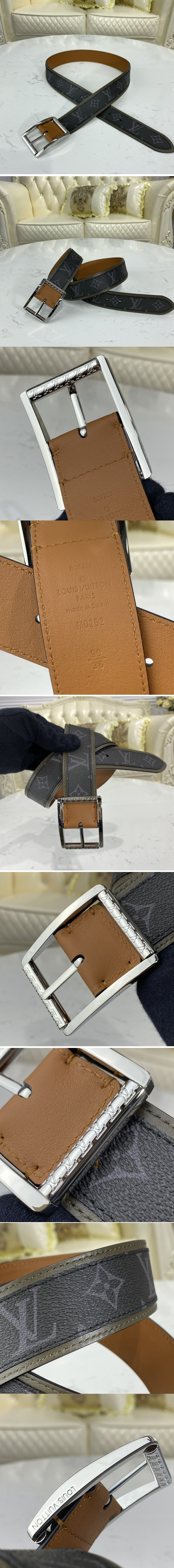 Replica Louis Vuitton M0262V LV Reverso 40mm reversible belt in Monogram Eclipse and Khaki Green/Tan Brown With Silver Buckle