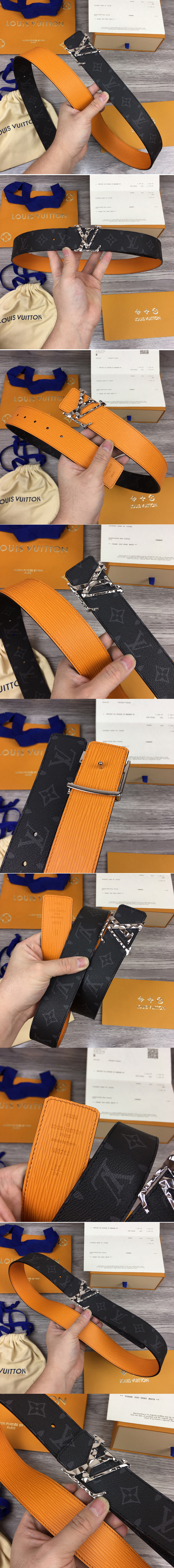 Replica Louis Vuitton M0263V LV Initiales 40mm Reversible belt In Monogram Eclipse/Yellow With Silver Buckle