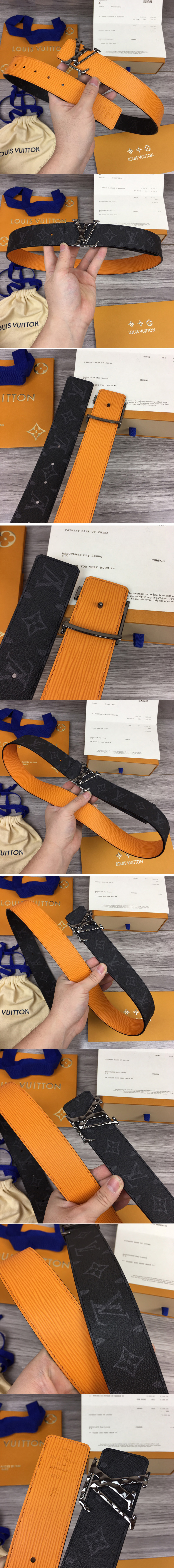 Replica Louis Vuitton M0263V LV Initiales 40mm Reversible belt In Monogram Eclipse/Yellow With Black Buckle