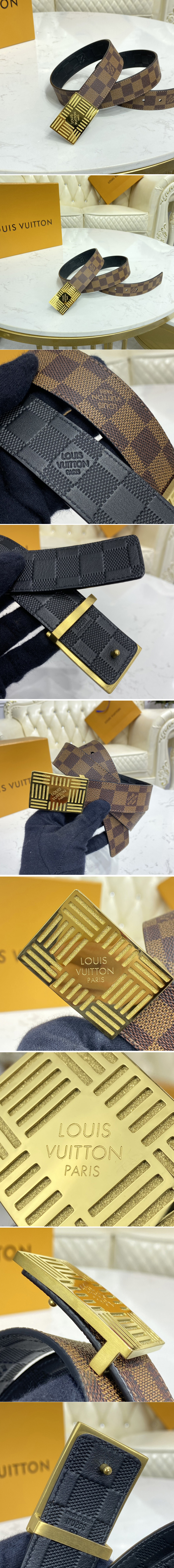 Replica Louis Vuitton M0268U LV Damier Plate 35mm reversible belt in Damier Ebene/Black With Gold Buckle