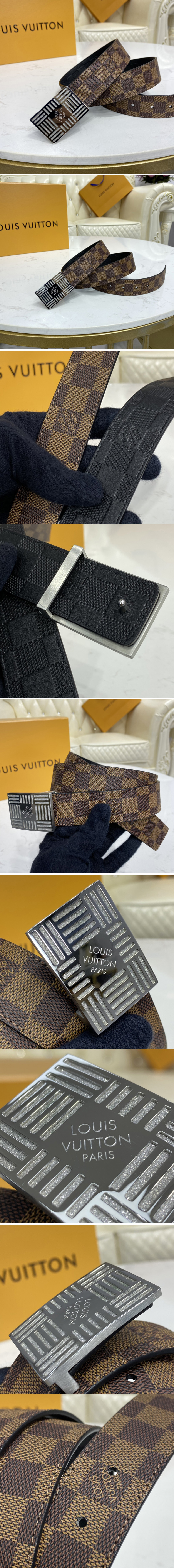 Replica Louis Vuitton M0268U LV Damier Plate 35mm reversible belt in Damier Ebene/Black With Silver Buckle