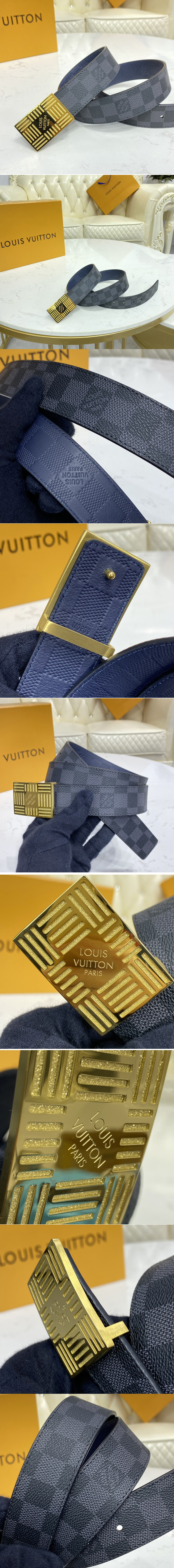 Replica Louis Vuitton M0269U LV Damier Plate 35mm reversible belt in Damier Graphite/Navy Blue With Gold Buckle