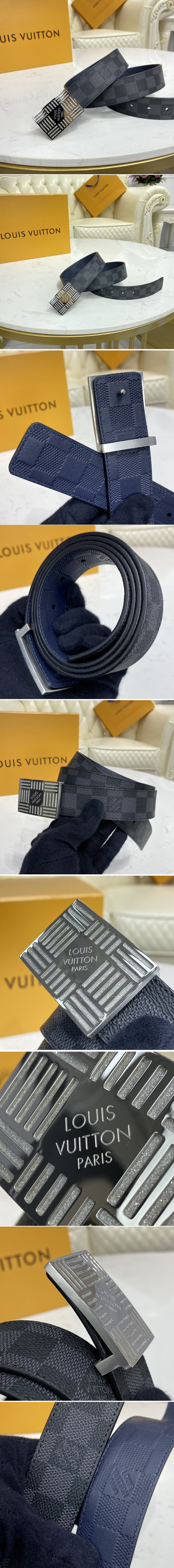 Replica Louis Vuitton M0269U LV Damier Plate 35mm reversible belt in Damier Graphite/Navy Blue With Silver Buckle