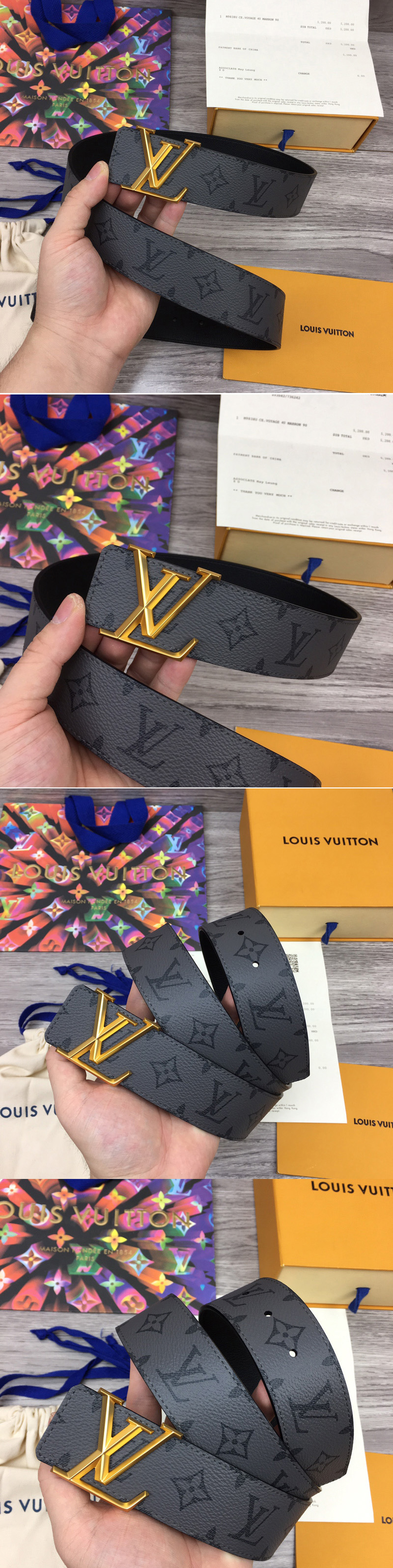 Replica Louis Vuitton M0285V LV Initiales 40mm Reversible belt in Monogram Eclipse Canvas With Gold Buckle