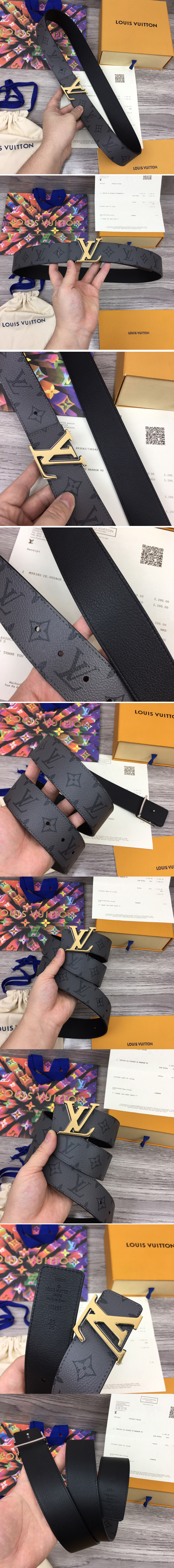 Replica Louis Vuitton M0285V LV Initiales 40mm Reversible belt in Monogram Eclipse Canvas With Gold Buckle