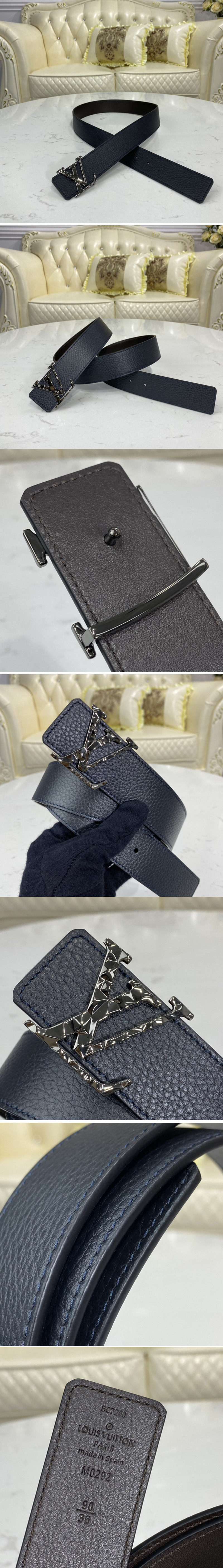 Replica Louis Vuitton M0292V LV Facets 40mm reversible belt In Navy Blue/Chocolate Brown With PVD Buckle