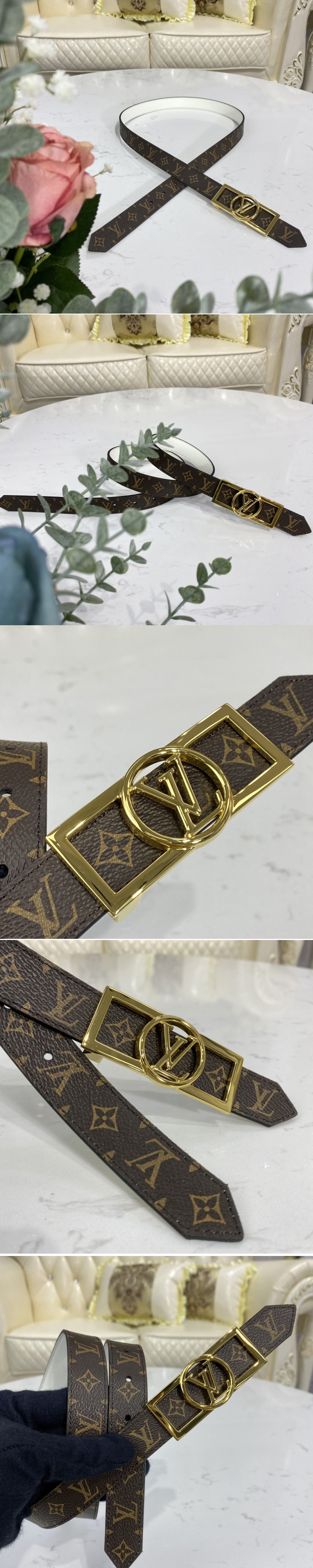 Replica Louis Vuitton M0318U LV Dauphine 25mm Reversible belt in Monogram/White With Gold Buckle