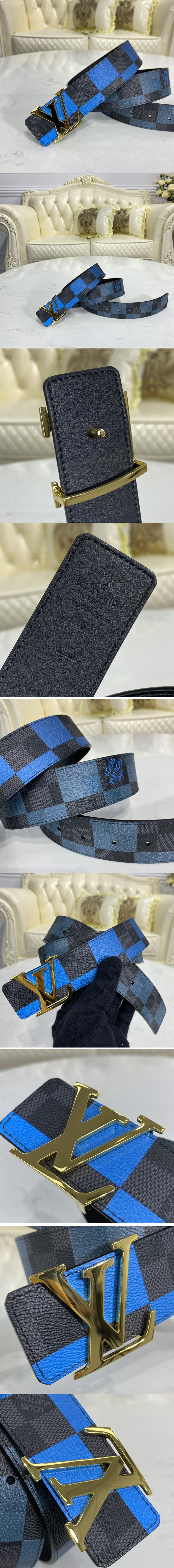 Replica Louis Vuitton M0319U LV Initiales 40 MM reversible belt in Blue Damier Graphite canvas and calf leather With Gold Buckle