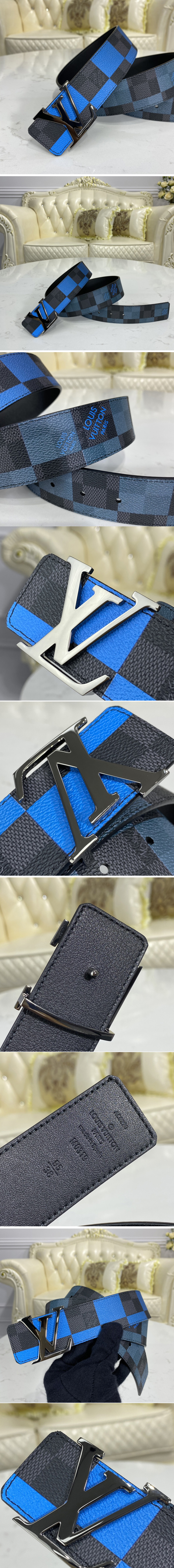 Replica Louis Vuitton M0319U LV Initiales 40 MM reversible belt in Blue Damier Graphite canvas and calf leather With PVD Buckle