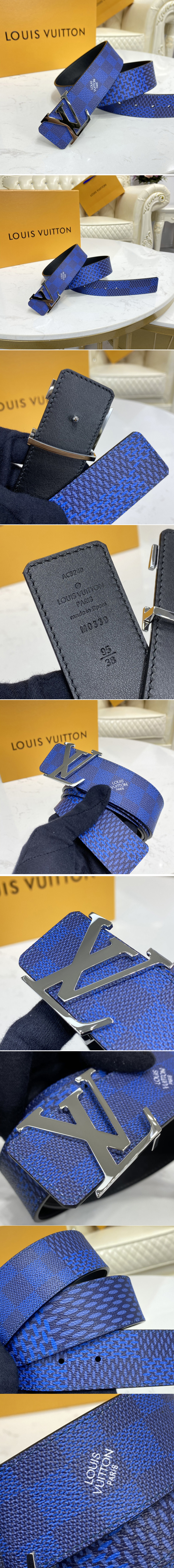 Replica Louis Vuitton M0339V LV Initiales 40mm reversible belt in Navy/Black Damier Graphite canvas With Silver Buckle