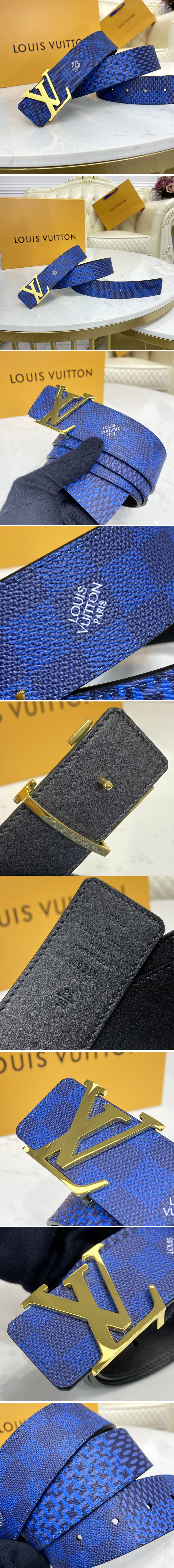 Replica Louis Vuitton M0339V LV Initiales 40mm reversible belt in Navy/Black Damier Graphite canvas With Gold Buckle