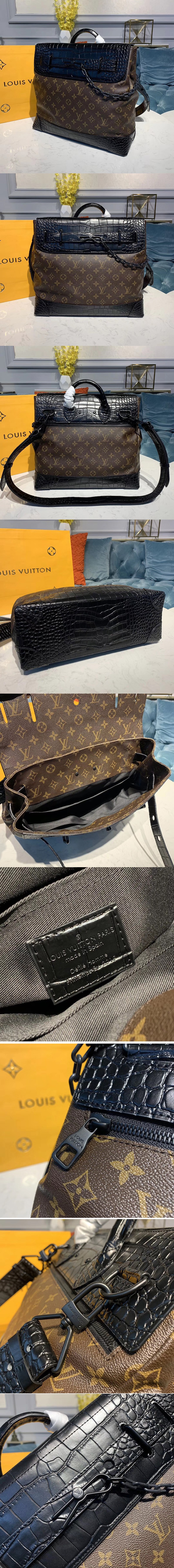 Replica Louis Vuitton M44473 LV Steamer PM bags Monogram Canvas And Black Crocodile leather