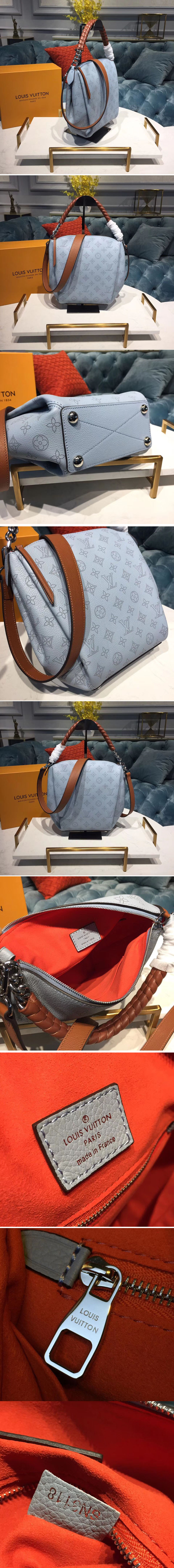 Replica Louis Vuitton M53153 Babylone PM Mahina Calfskin Leather Horizon Blue / Pumpkin Orange