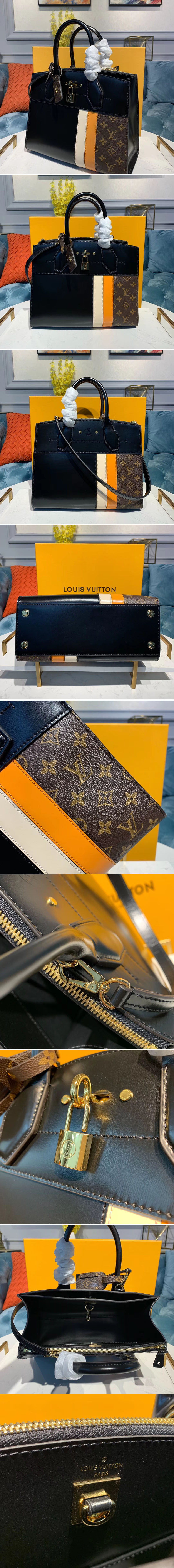 Replica Louis Vuitton M55433 LV City Steamer PM handbags Black/Yellow/Beige Calf leather and Monogram Canvas