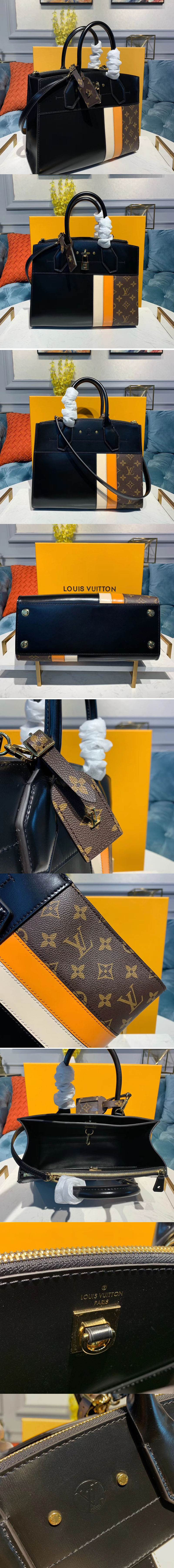 Replica Louis Vuitton M55433 LV City Steamer MM handbags Black/Yellow/Beige Calf leather and Monogram Canvas