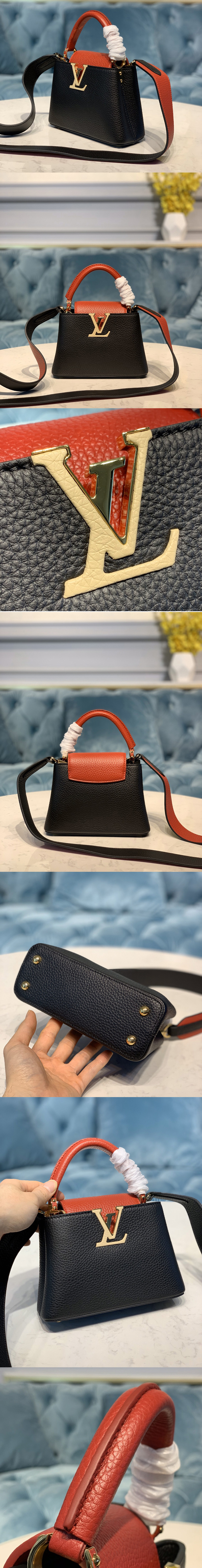 Replica Louis Vuitton M56071 LV Capucines Mini handbag in Black/Red Taurillon leather